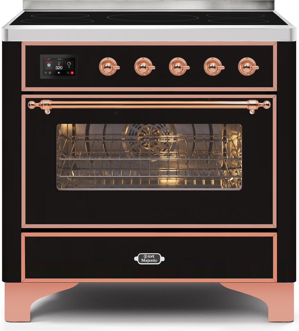 Ilve UMI09NS3BKP Majestic Ii 36 Inch Electric Freestanding Range In Glossy Black With Copper Trim