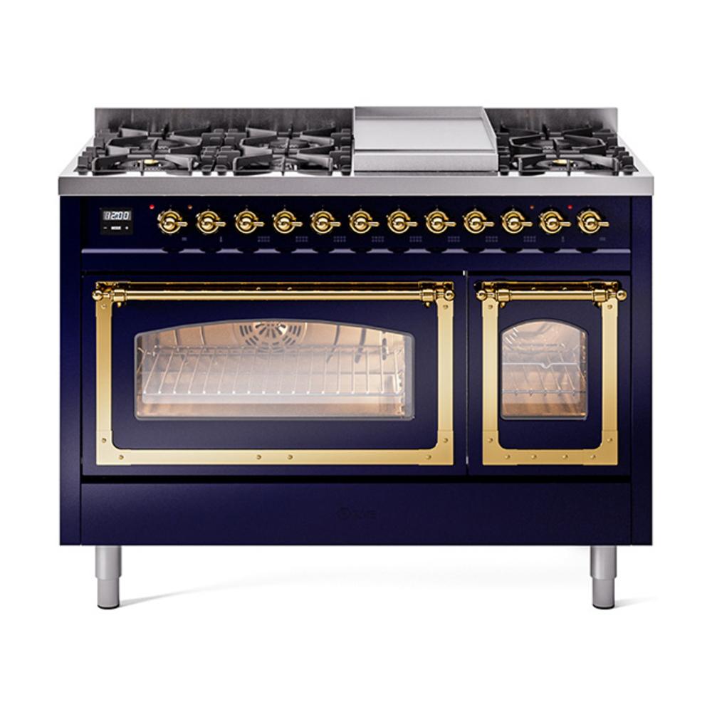 Ilve UN48FNMPMBG Ilve Un48Fnmpmbg Nostalgie Ii Noblesse 48" Dual Fuel Range (8 Sealed Burners + Griddle, Natural Gas, Triple Glass Door, Midnight Blue, Brass)