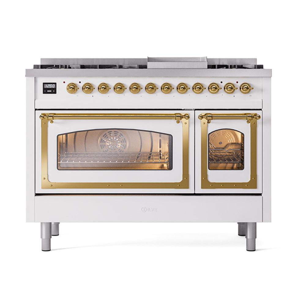 Ilve UN48FNMPWHG Ilve Un48Fnmpwhg Nostalgie Ii Noblesse 48" Dual Fuel Range (8 Sealed Burners + Griddle, Natural Gas, Triple Glass Door, White, Brass)