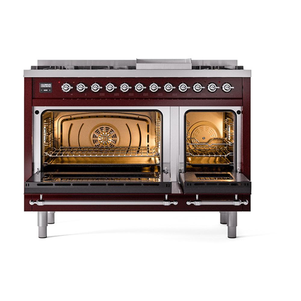 Ilve UN48FNMPBUCLP Ilve Un48Fnmpbuclp Nostalgie Ii Noblesse 48" Dual Fuel Range (8 Sealed Burners + Griddle, Liquid Propane, Triple Glass Door, Burgundy, Chrome)