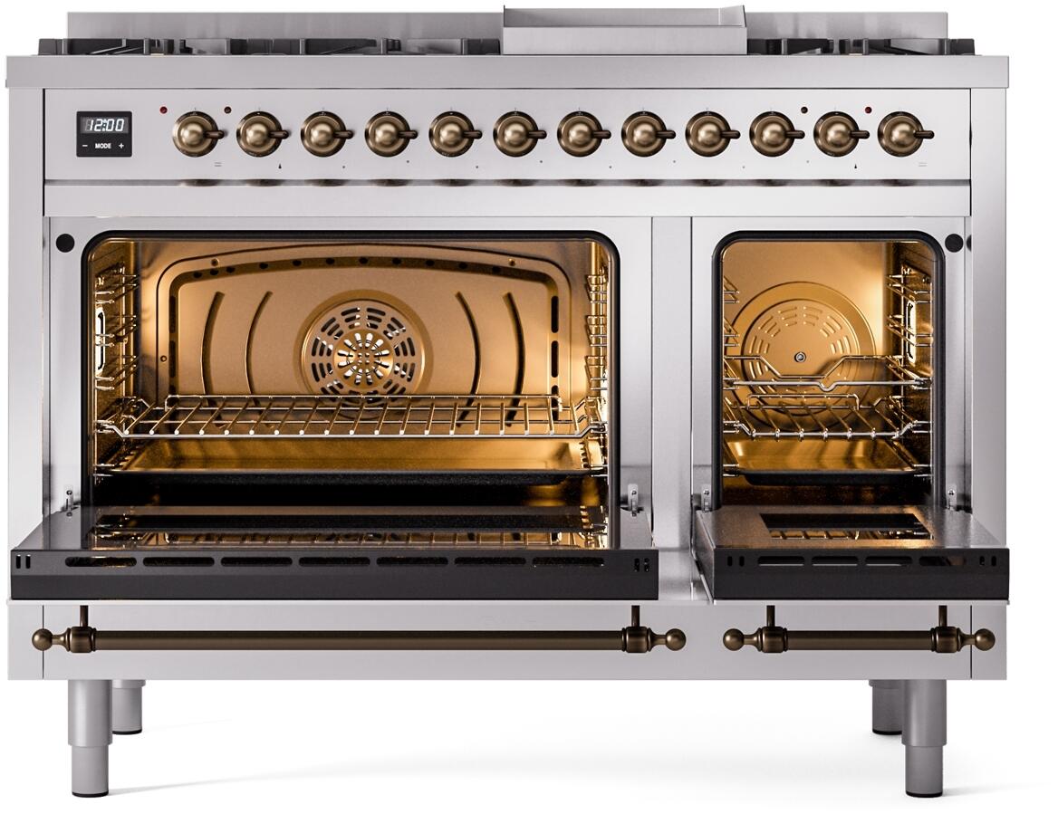 Ilve UP48FNMPSSBLP Nostalgie Ii 48 Inch Dual Fuel Liquid Propane Freestanding Range In Stainless Steel With Bronze Trim