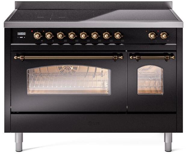 Ilve UPI486NMPBKB Nostalgie Ii 48 Inch Electric Freestanding Range In Glossy Black With Bronze Trim