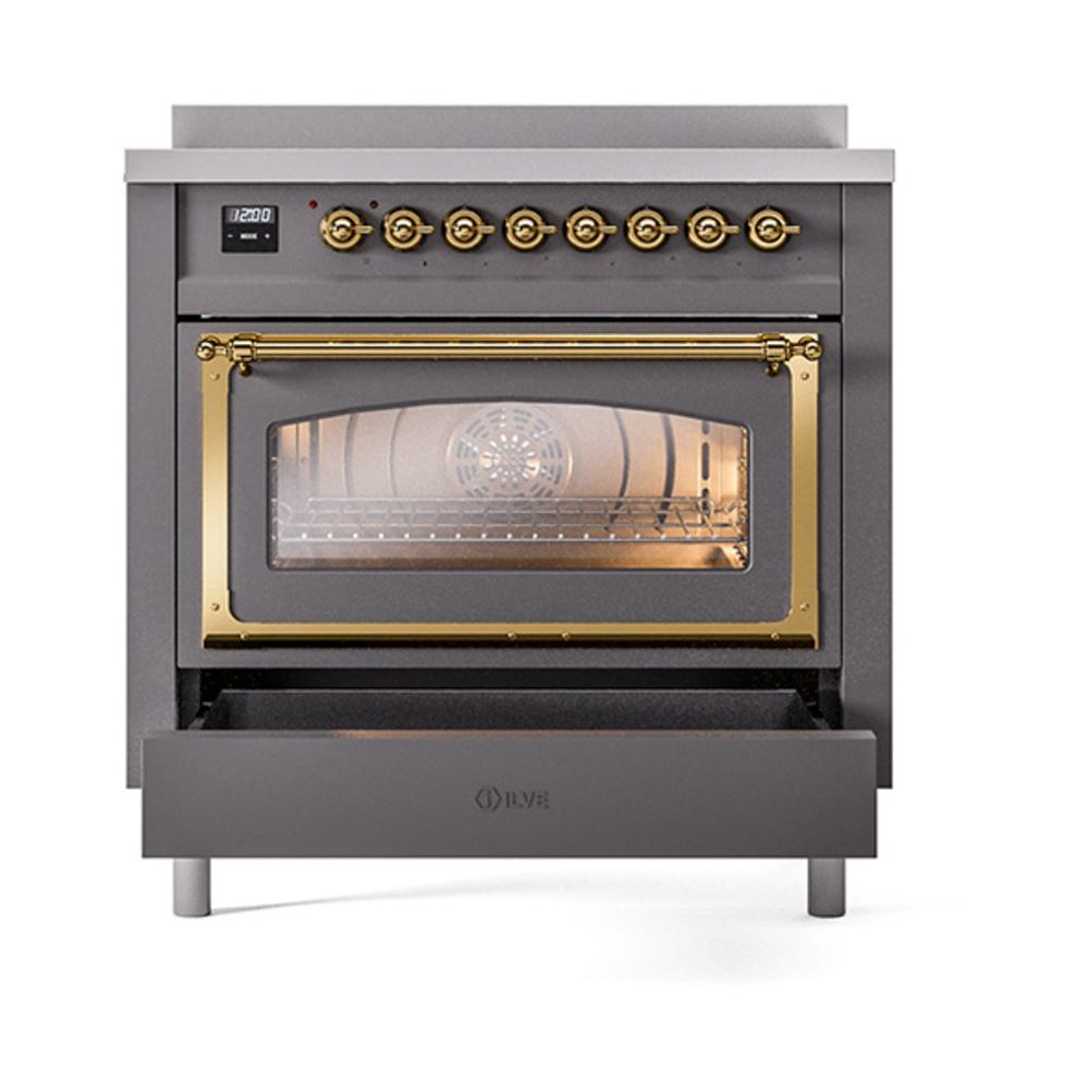 Ilve UNI366NMPMGG Ilve Uni366Nmpmgg Nostalgie Ii Noblesse 36" Induction Range (Triple Glass Door, Graphite Matte, Brass)