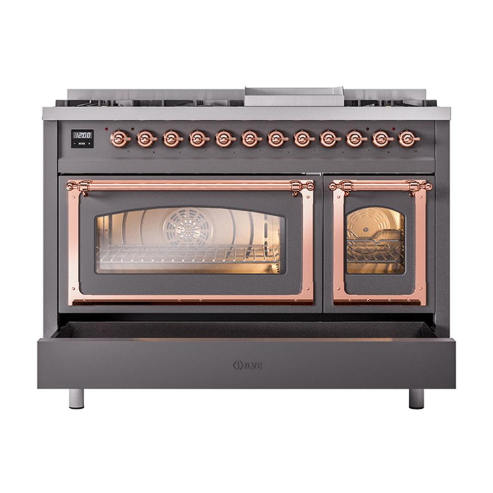 Ilve UN48FNMPMGPLP Ilve Un48Fnmpmgplp Nostalgie Ii Noblesse 48" Dual Fuel Range (8 Sealed Burners + Griddle, Liquid Propane, Triple Glass Door, Graphite Matte, Copper)