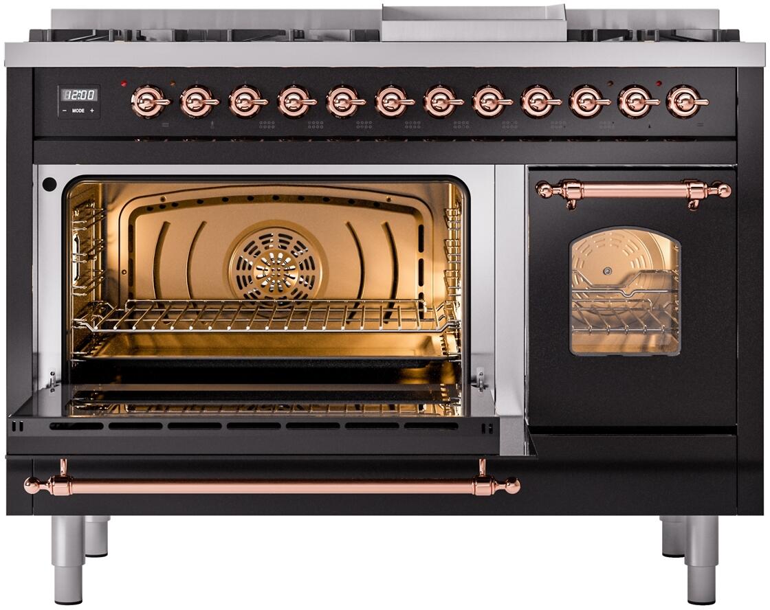 Ilve UP48FNMPBKP Nostalgie Ii 48 Inch Dual Fuel Natural Gas Freestanding Range In Glossy Black With Copper Trim