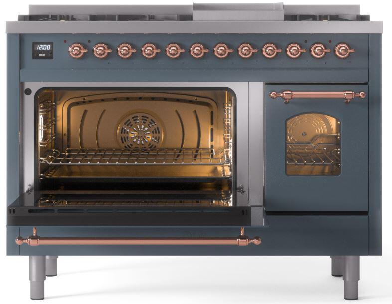 Ilve UP48FNMPBGPLP Nostalgie Ii 48 Inch Dual Fuel Liquid Propane Freestanding Range In Blue Grey With Copper Trim