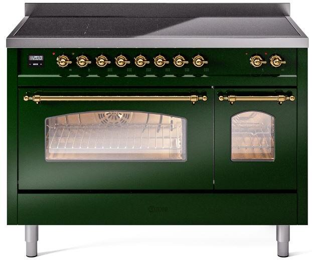 Ilve UPI486NMPEGG Nostalgie Ii 48 Inch Electric Freestanding Range In Emerald Green With Brass Trim