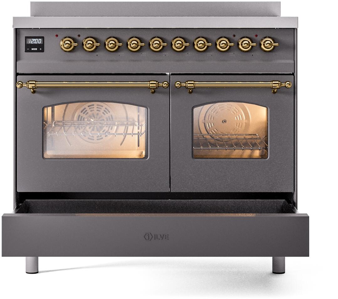 Ilve UPDI406NMPMGG Nostalgie Ii 40 Inch Electric Freestanding Range In Matte Graphite With Brass Trim