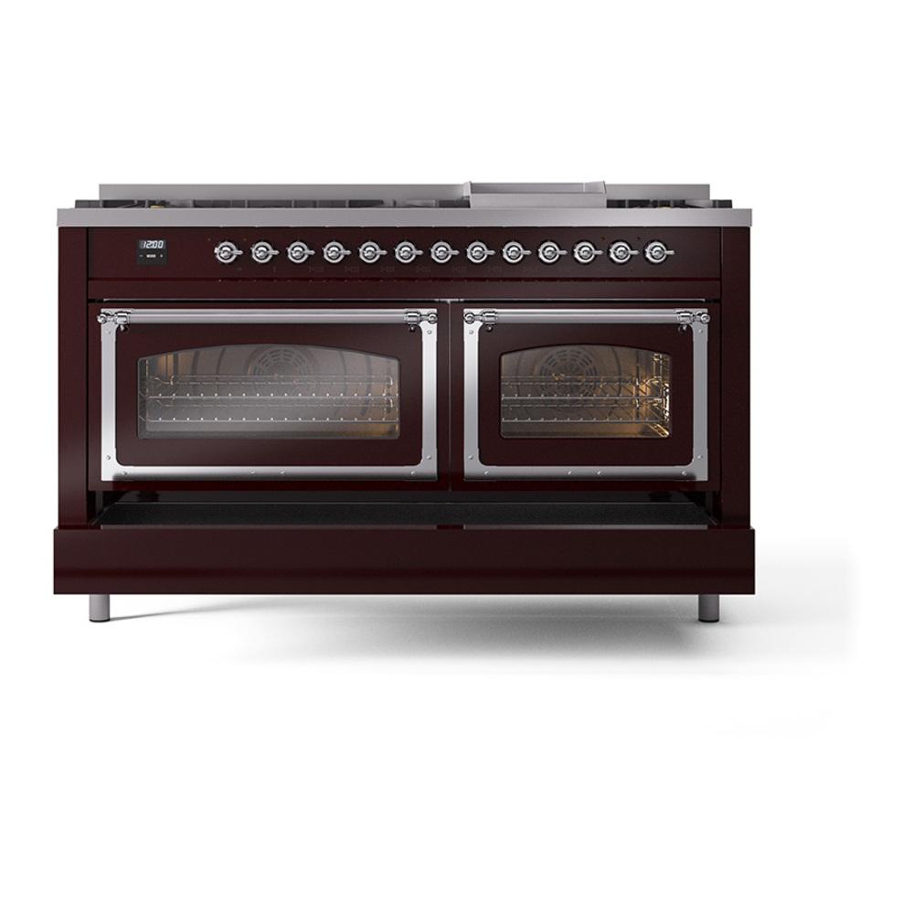 Ilve UN60FNMPBUC Ilve Un60Fnmpbuc Nostalgie Ii Noblesse 60" Dual Fuel Range (9 Sealed Burners + Griddle, Natural Gas, Triple Glass Door, Burgundy, Chrome)