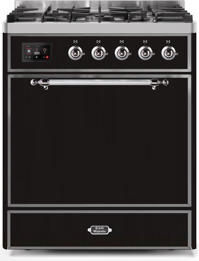 Ilve UM30DQNE3BKC Majestic Ii 30 Inch Dual Fuel Natural Gas Freestanding Range In Glossy Black With Chrome Trim