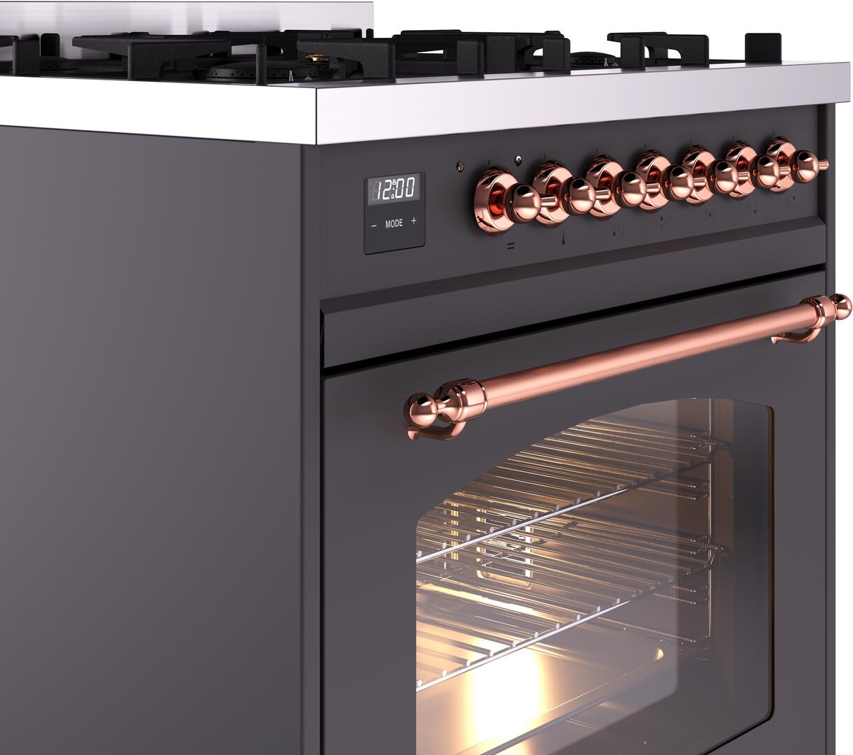 Ilve UP30NMPMGP Nostalgie Ii 30 Inch Dual Fuel Natural Gas Freestanding Range In Matte Graphite With Copper Trim