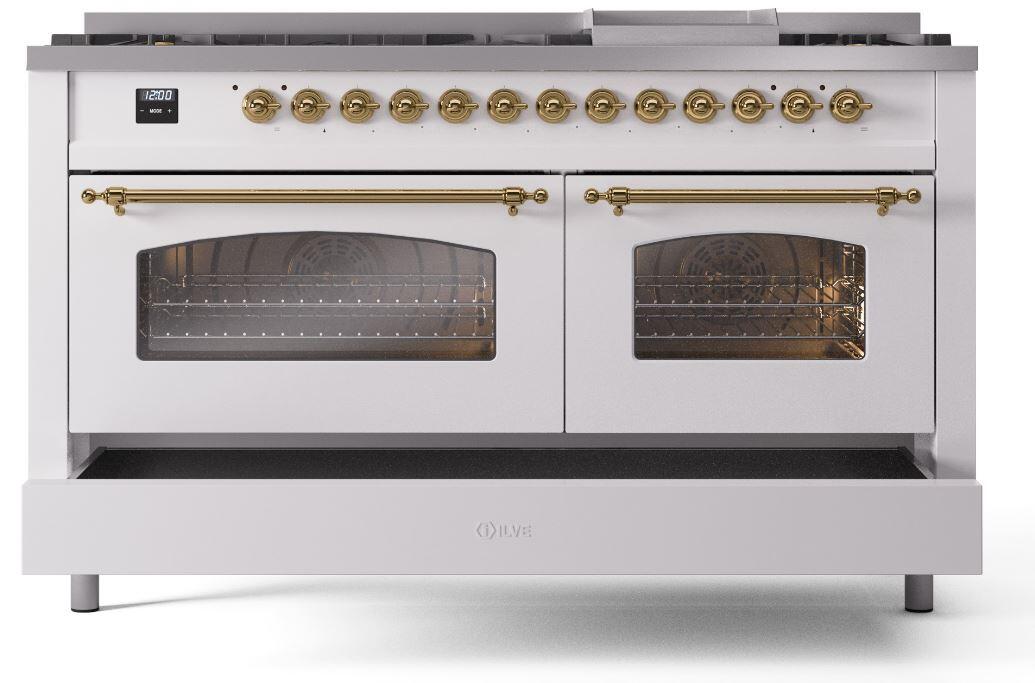 Ilve UP60FNMPWHG Nostalgie Ii 60 Inch Dual Fuel Natural Gas Freestanding Range In White With Brass Trim