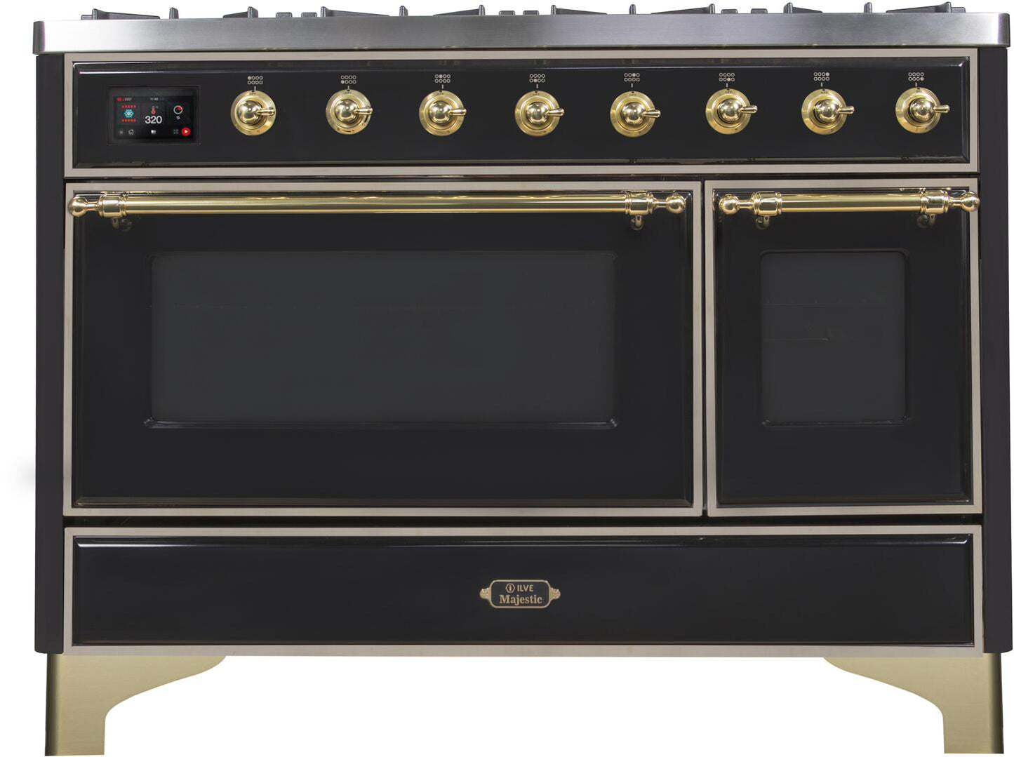 Ilve UM12FDNS3BKGLP Majestic Ii 48 Inch Dual Fuel Liquid Propane Freestanding Range In Glossy Black With Brass Trim