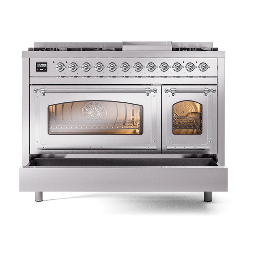 Ilve UN48FNMPSSCLP Ilve Un48Fnmpssclp Nostalgie Ii Noblesse 48" Dual Fuel Range (8 Sealed Burners + Griddle, Liquid Propane, Triple Glass Door, Stainless Steel, Chrome)