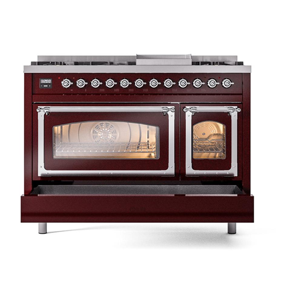 Ilve UN48FNMPBUCLP Ilve Un48Fnmpbuclp Nostalgie Ii Noblesse 48" Dual Fuel Range (8 Sealed Burners + Griddle, Liquid Propane, Triple Glass Door, Burgundy, Chrome)