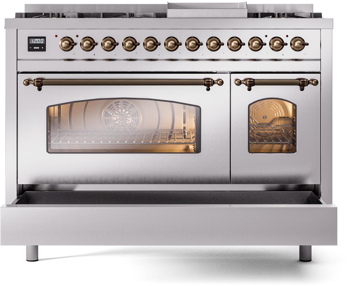 Ilve UP48FNMPSSB Nostalgie Ii 48 Inch Dual Fuel Natural Gas Freestanding Range In Stainless Steel With Bronze Trim