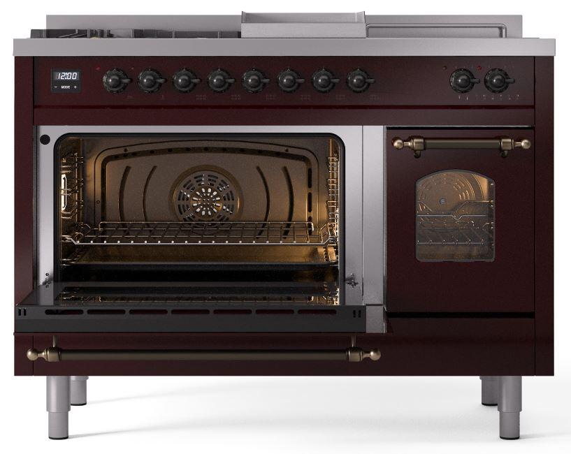 Ilve UP48FSNMPBUBLP Nostalgie Ii 48 Inch Dual Fuel Liquid Propane Freestanding Range In Burgundy With Bronze Trim