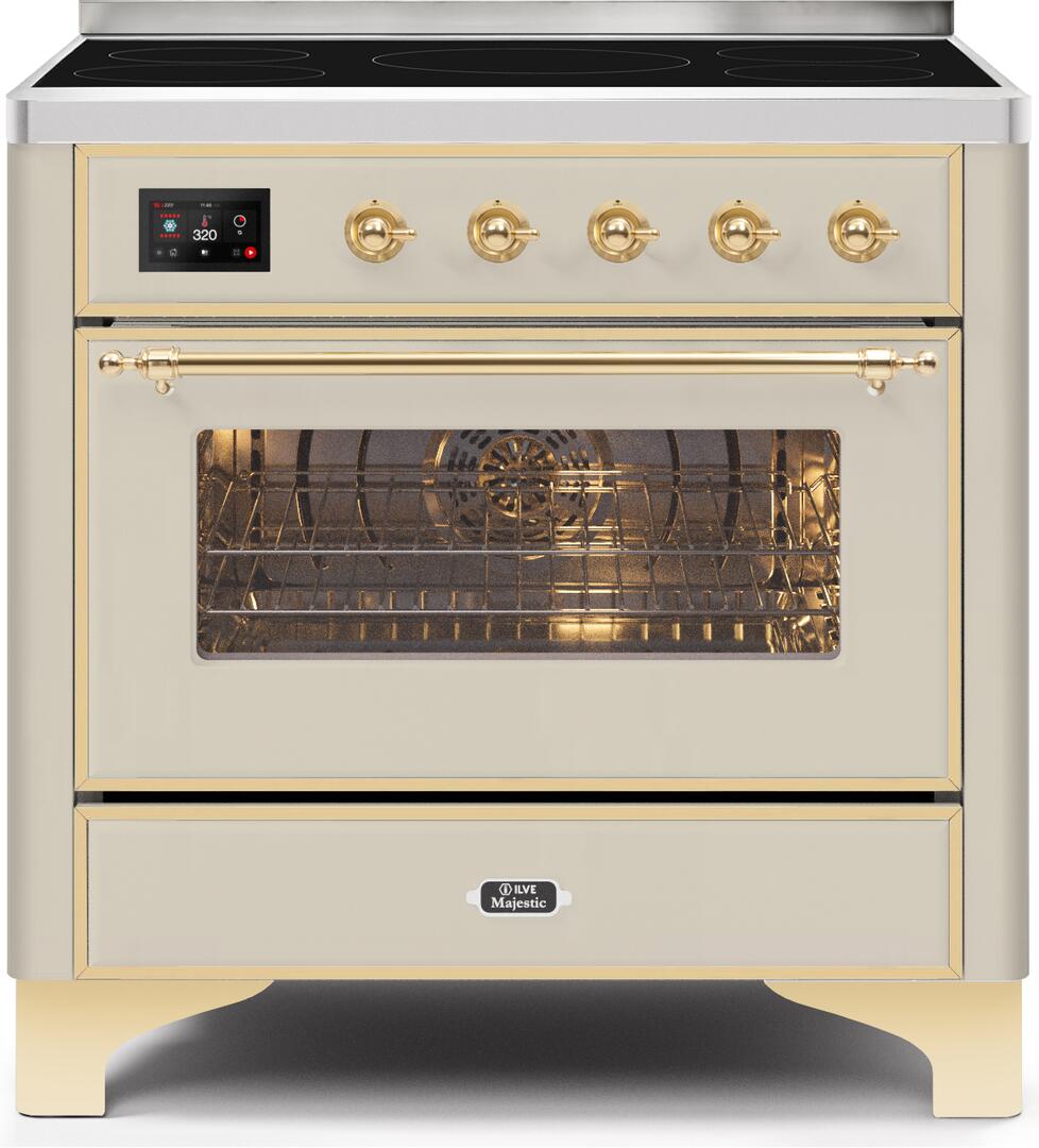 Ilve UMI09NS3AWG Majestic Ii 36 Inch Electric Freestanding Range In Antique White With Brass Trim