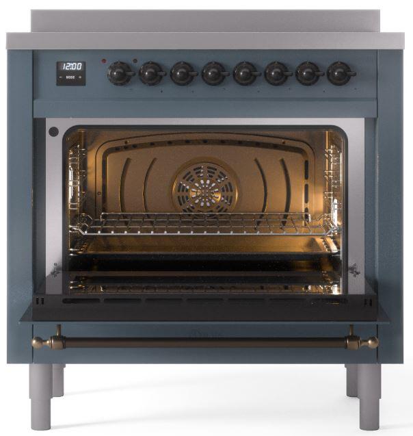 Ilve UPI366NMPBGB Nostalgie Ii 36 Inch Electric Freestanding Range In Blue Grey With Bronze Trim