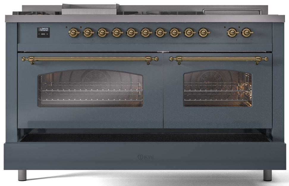 Ilve UP60FSNMPBGGLP Nostalgie Ii 60 Inch Dual Fuel Liquid Propane Freestanding Range In Blue Grey With Brass Trim