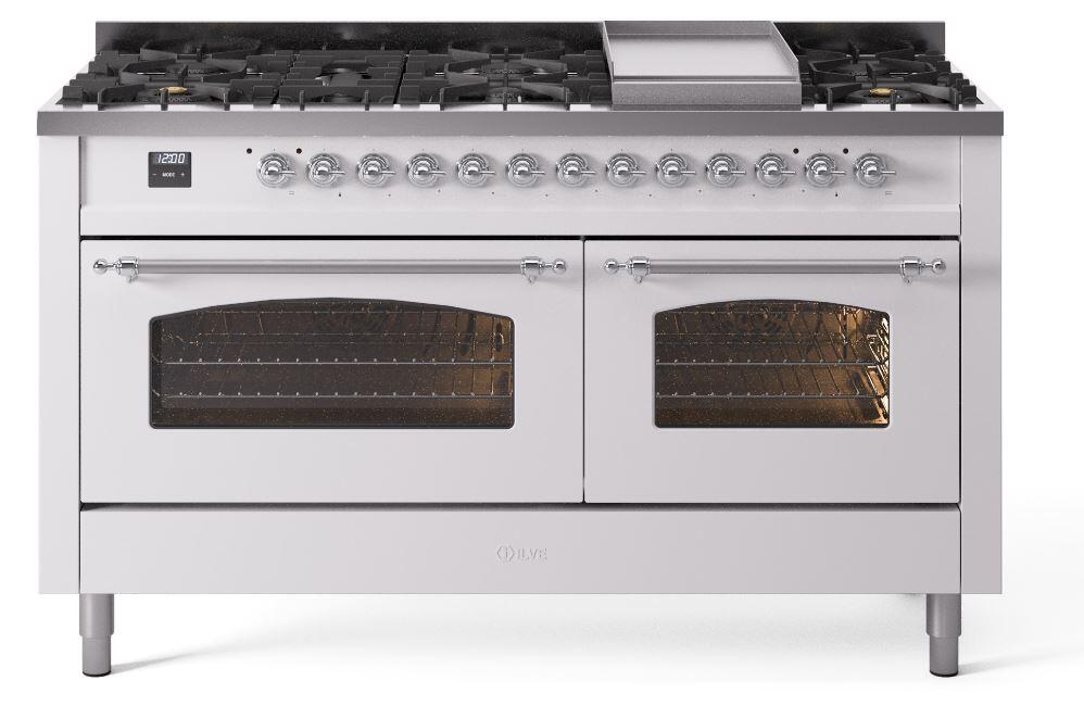 Ilve UP60FNMPWHCLP Nostalgie Ii 60 Inch Dual Fuel Liquid Propane Freestanding Range In White With Chrome Trim