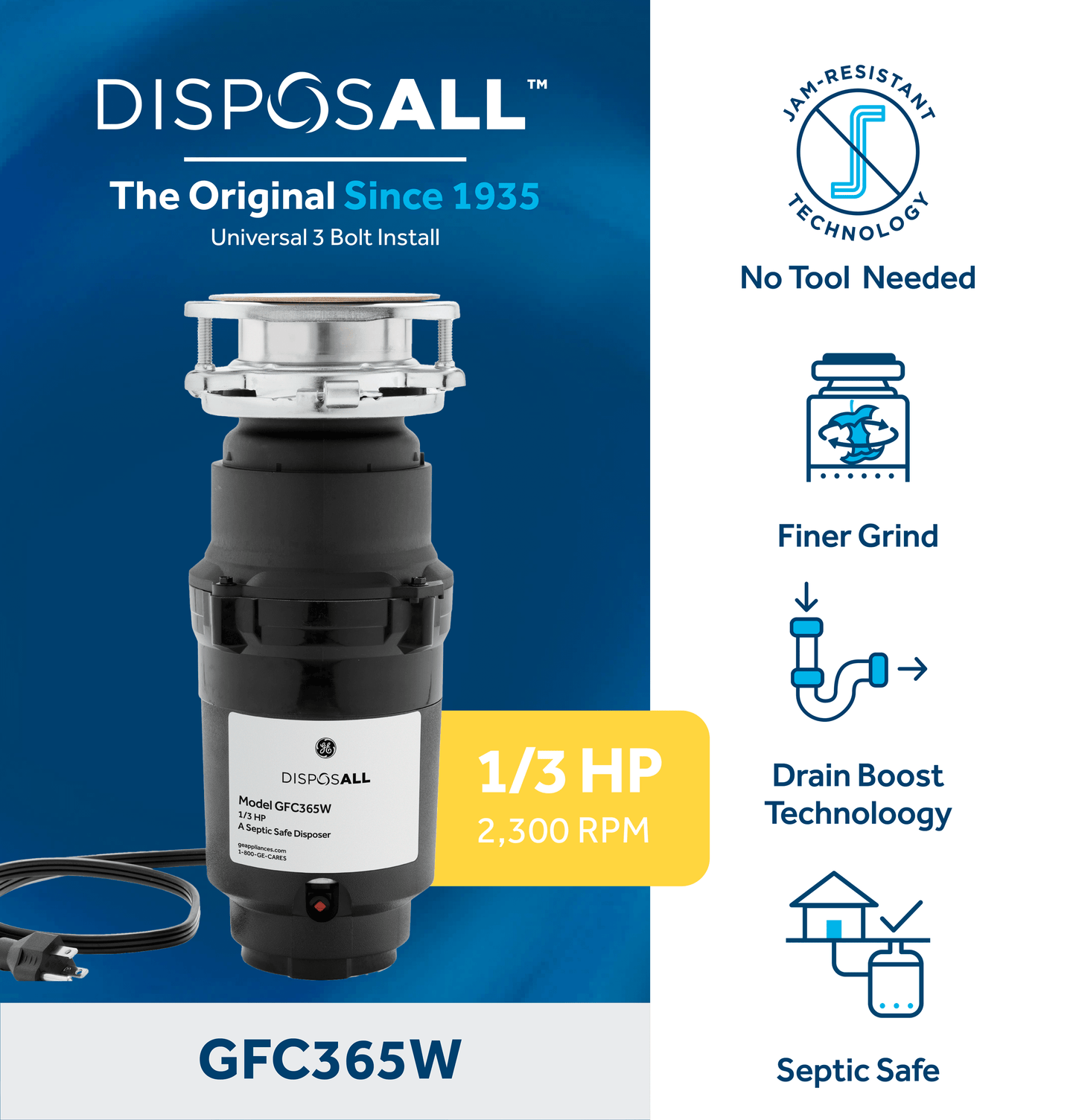 Ge Appliances GFC365W Ge Disposall® 1/3 Hp Continuous Feed Garbage Disposer - Corded