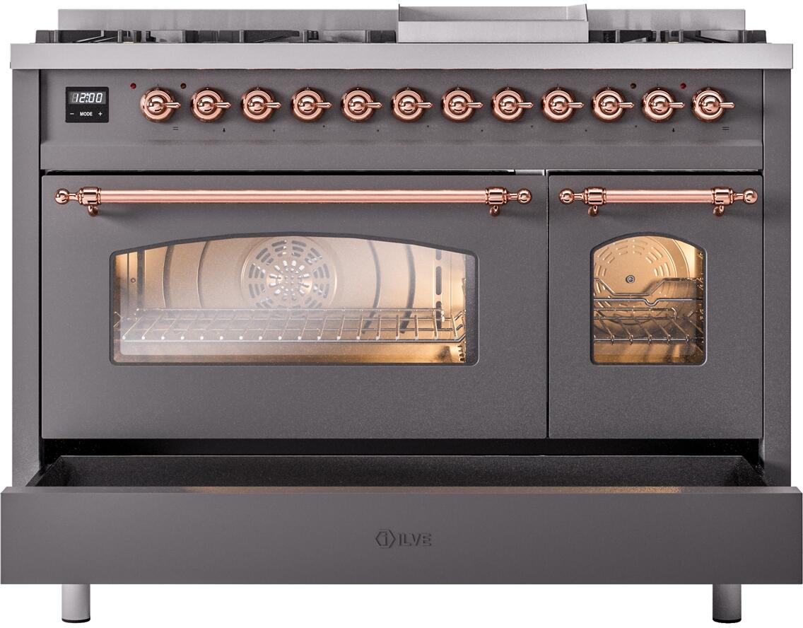 Ilve UP48FNMPMGPLP Nostalgie Ii 48 Inch Dual Fuel Liquid Propane Freestanding Range In Matte Graphite With Copper Trim