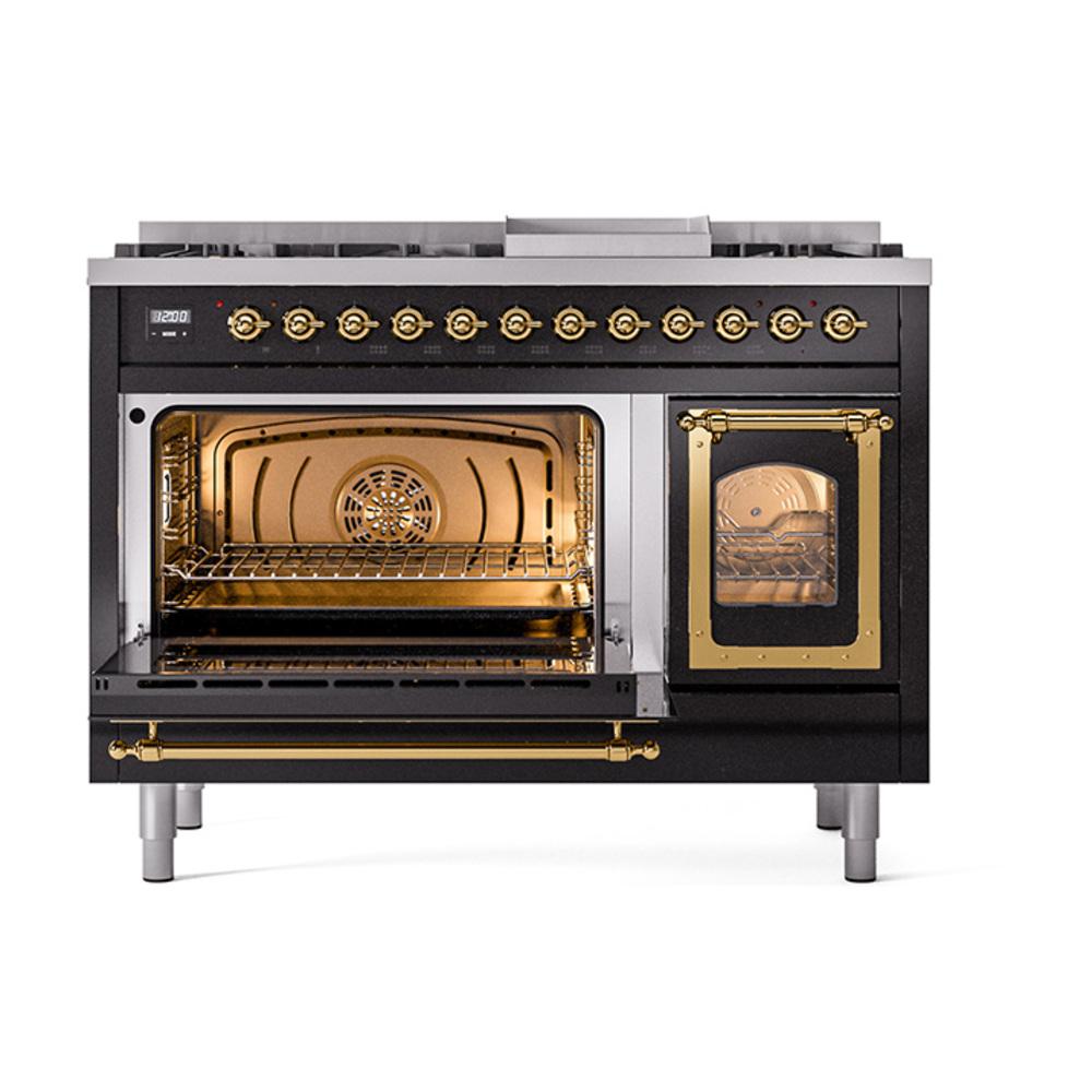 Ilve UN48FNMPBKG Ilve Un48Fnmpbkg Nostalgie Ii Noblesse 48" Dual Fuel Range (8 Sealed Burners + Griddle, Natural Gas, Triple Glass Door, Glossy Black, Brass)