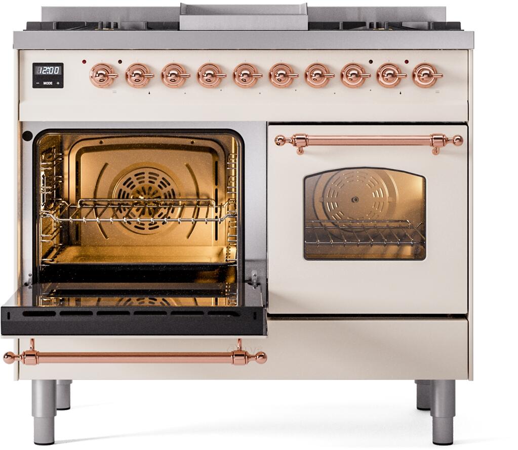 Ilve UPD40FNMPAWP Nostalgie Ii 40 Inch Dual Fuel Natural Gas Freestanding Range In Antique White With Copper Trim