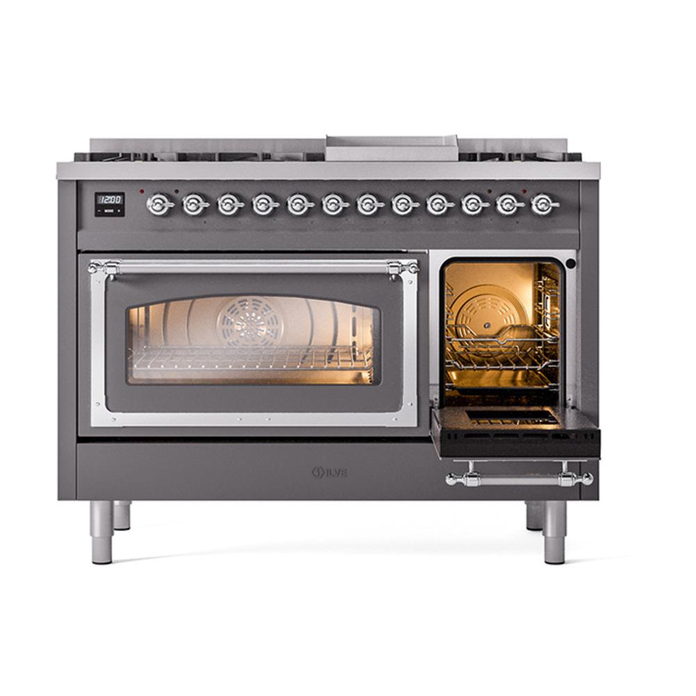 Ilve UN48FNMPMGCLP Ilve Un48Fnmpmgclp Nostalgie Ii Noblesse 48" Dual Fuel Range (8 Sealed Burners + Griddle, Liquid Propane, Triple Glass Door, Graphite Matte, Chrome)