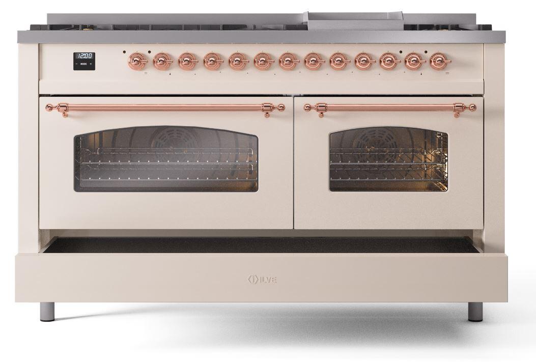 Ilve UP60FNMPAWP Nostalgie Ii 60 Inch Dual Fuel Natural Gas Freestanding Range In Antique White With Copper Trim