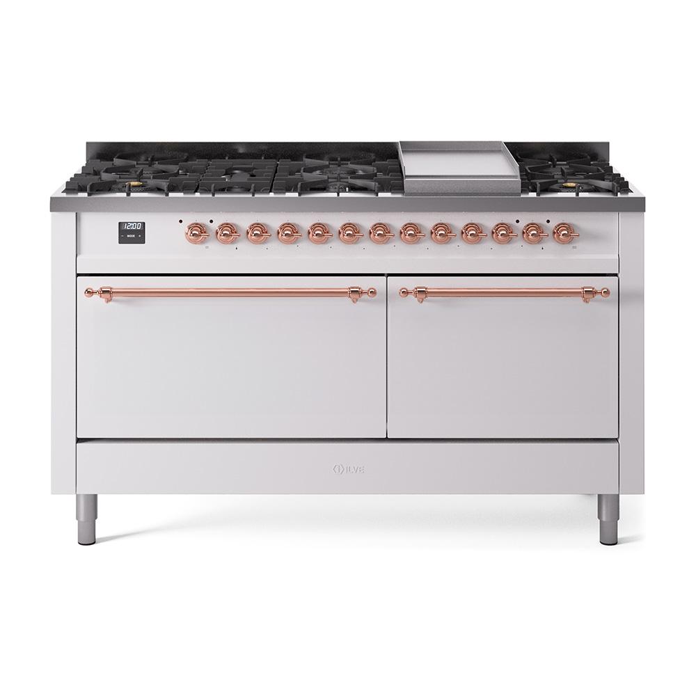 Ilve UP60FQNMPWHP Ilve Nostalgie Ii 60 Up60Fqnmpwhp Freestanding Dual Fuel Range With 9 Sealed Burners Double Oven With Solid Door In White With Copper Knobs