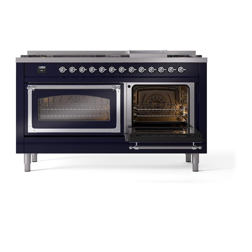 Ilve UN60FNMPMBC Ilve Un60Fnmpmbc Nostalgie Ii Noblesse 60" Dual Fuel Range (9 Sealed Burners + Griddle, Natural Gas, Triple Glass Door, Midnight Blue, Chrome)