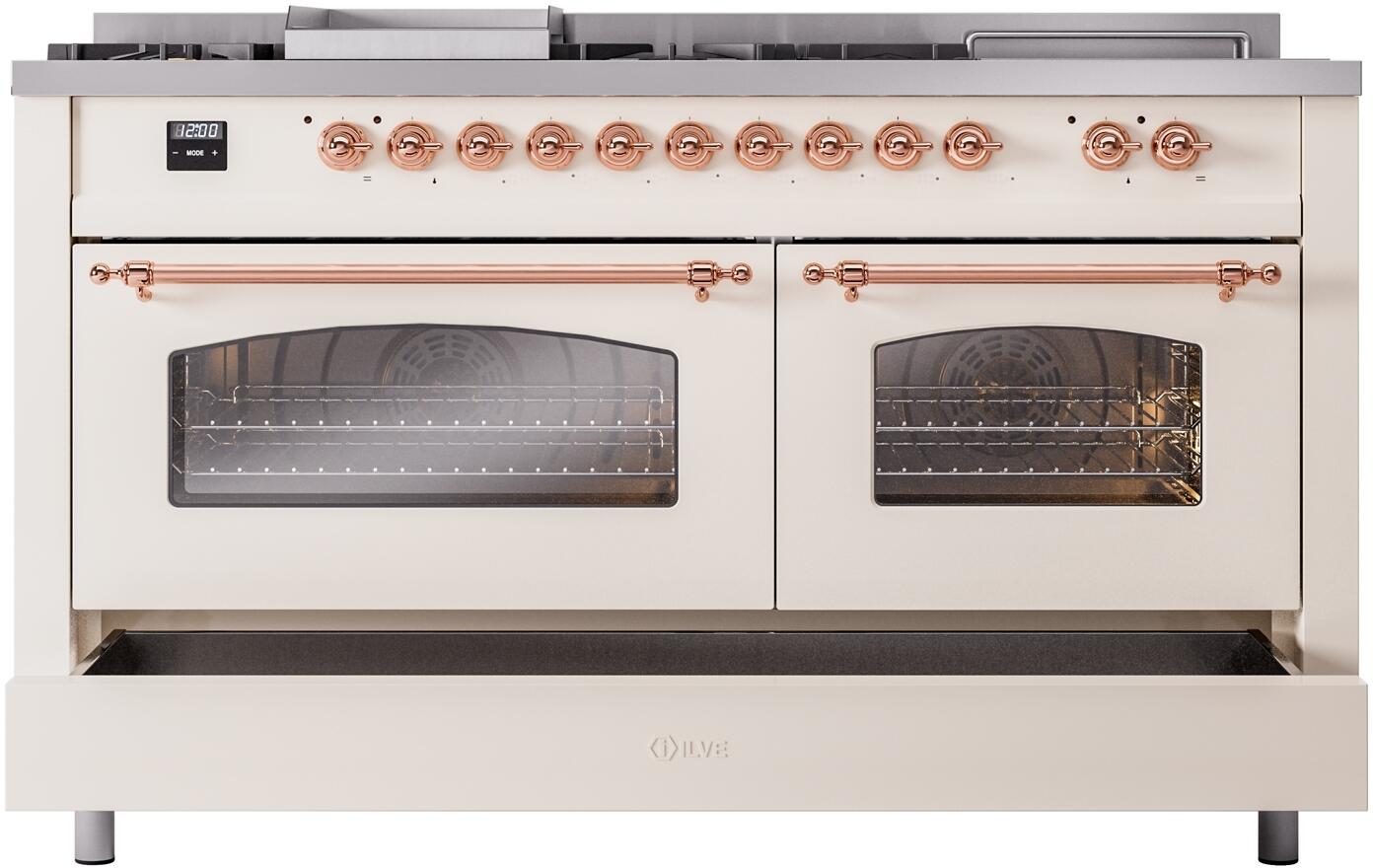 Ilve UP60FSNMPAWPLP Nostalgie Ii 60 Inch Dual Fuel Liquid Propane Freestanding Range In Antique White With Copper Trim