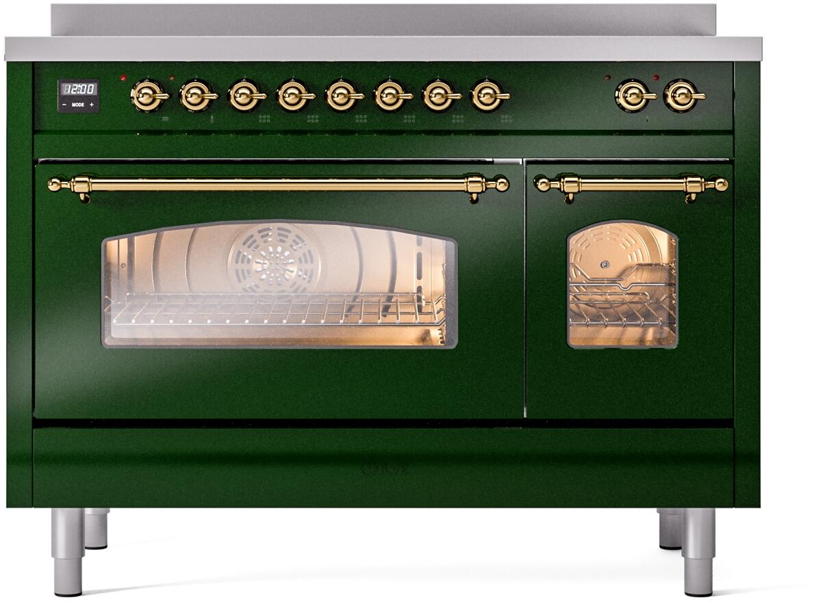 Ilve UPI486NMPEGG Nostalgie Ii 48 Inch Electric Freestanding Range In Emerald Green With Brass Trim