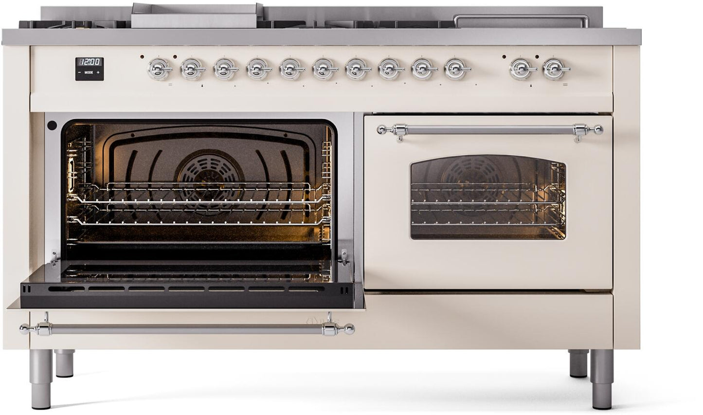 Ilve UP60FSNMPAWC Nostalgie Ii 60 Inch Dual Fuel Natural Gas Freestanding Range In Antique White With Chrome Trim