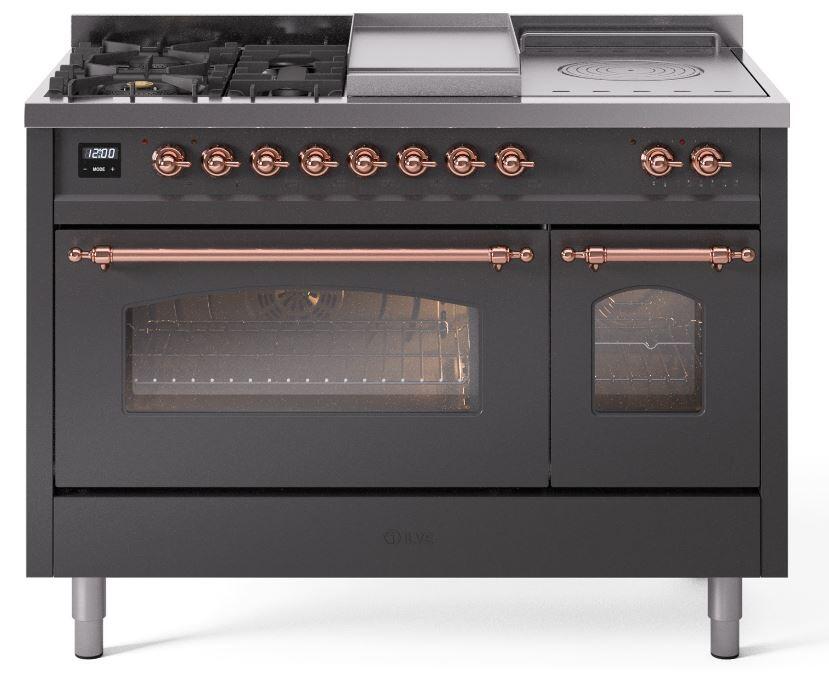 Ilve UP48FSNMPMGP Nostalgie Ii 48 Inch Dual Fuel Natural Gas Freestanding Range In Matte Graphite With Copper Trim