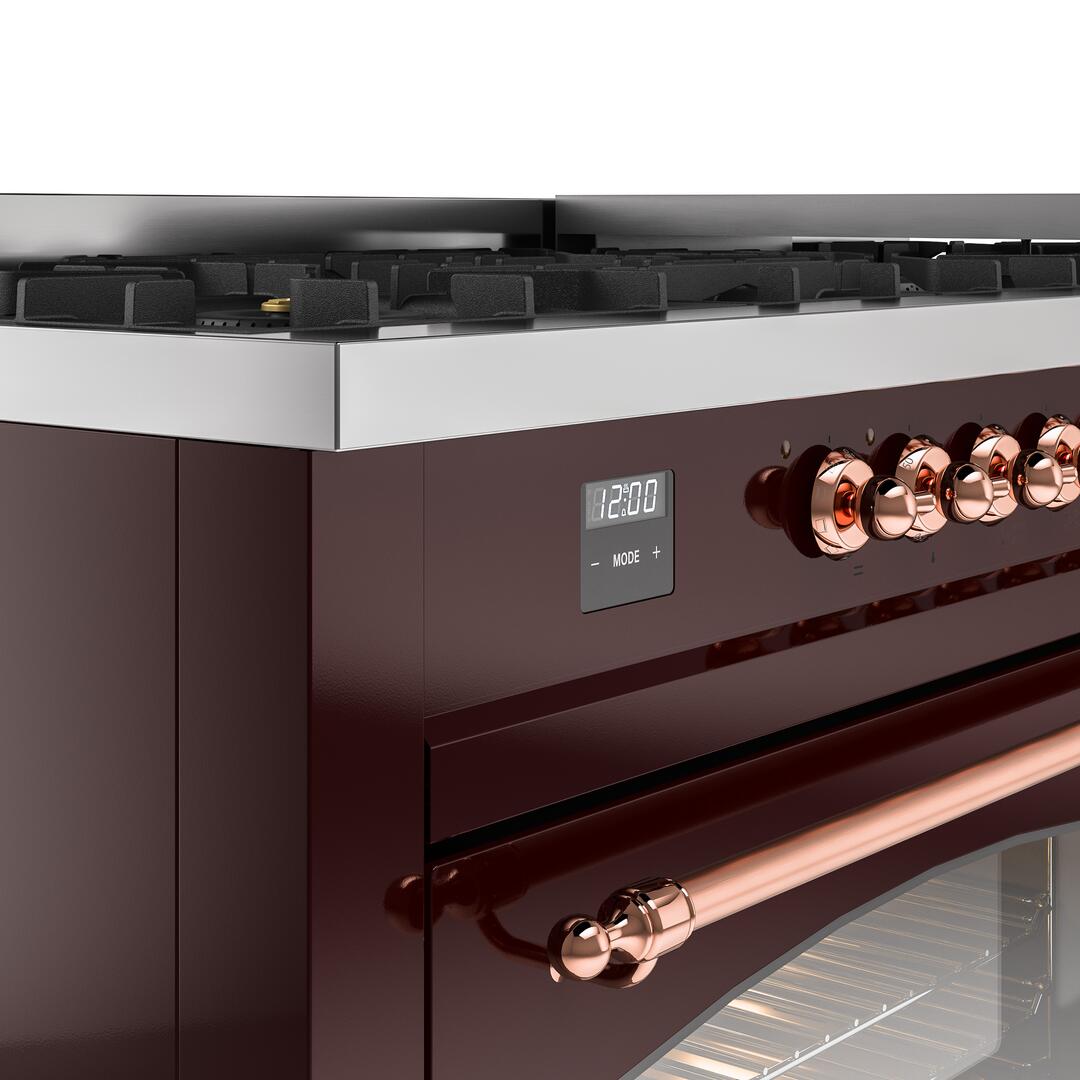 Ilve UP60FNMPBUPLP Nostalgie Ii 60 Inch Dual Fuel Liquid Propane Freestanding Range In Burgundy With Copper Trim