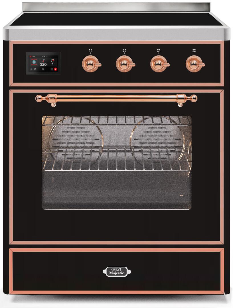 Ilve UMI30NE3BKP Majestic Ii 30 Inch Electric Freestanding Range In Glossy Black With Copper Trim