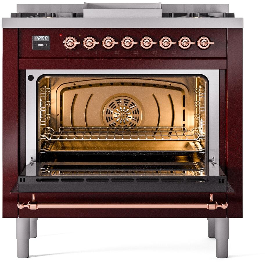 Ilve UP36FNMPBUP Nostalgie Ii 36 Inch Dual Fuel Natural Gas Freestanding Range In Burgundy With Copper Trim