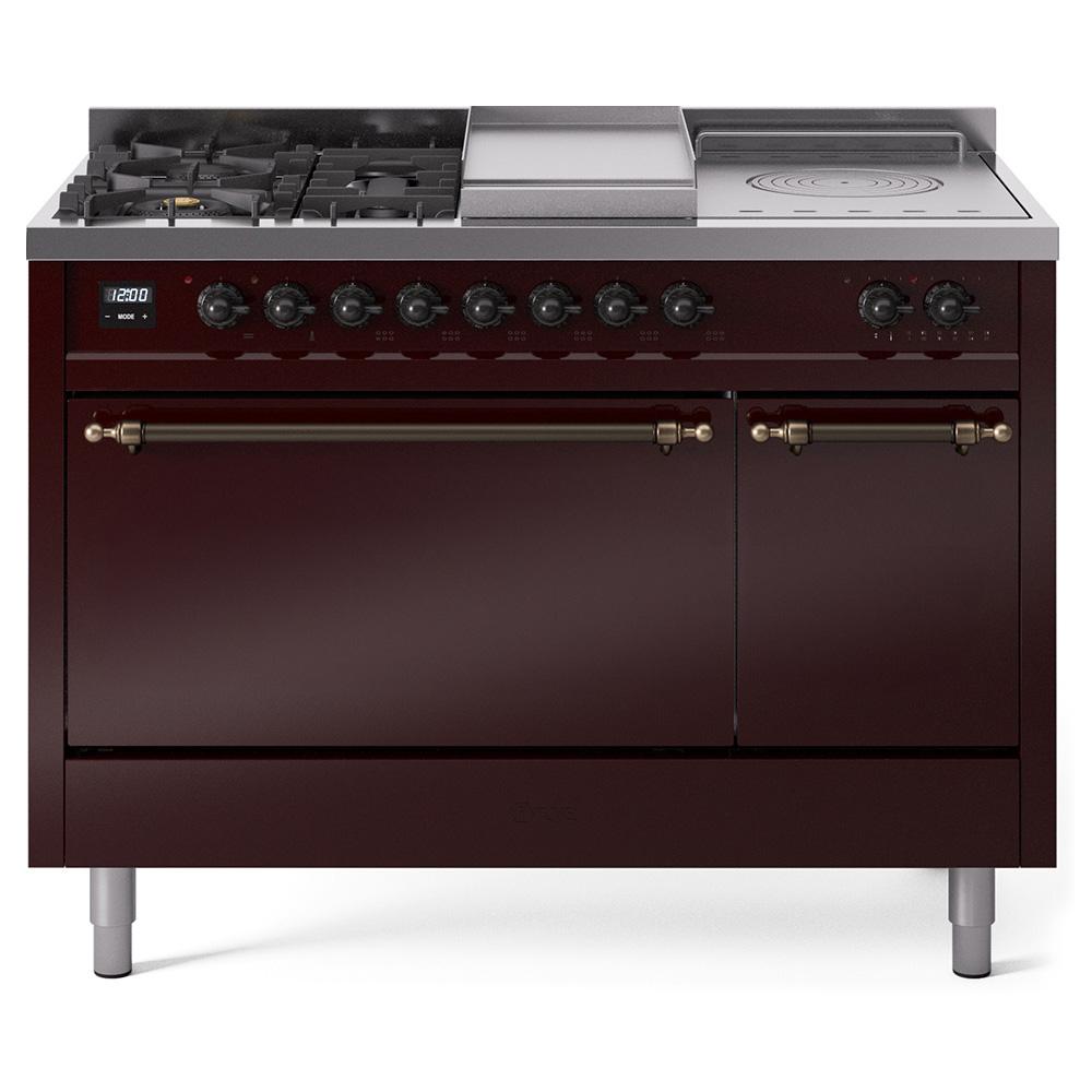 Ilve UP48FSQNMPBUB Ilve Nostalgie Ii 48 Up48Fsqnmpbub Freestanding Dual Fuel Range With 5 Sealed Burners And French Top Double Oven With Solid Door In Burgundy With Bronze Knobs