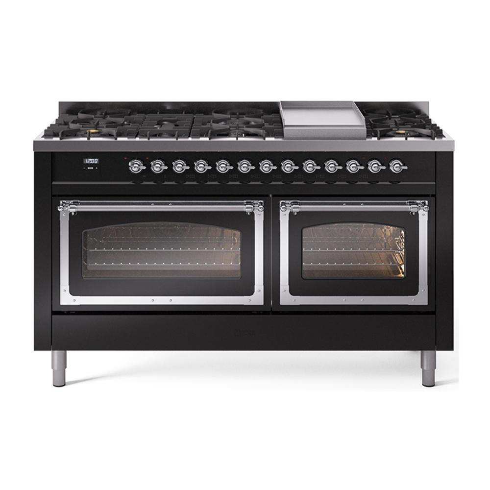 Ilve UN60FNMPBKC Ilve Un60Fnmpbkc Nostalgie Ii Noblesse 60" Dual Fuel Range (9 Sealed Burners + Griddle, Natural Gas, Triple Glass Door, Glossy Black, Chrome)