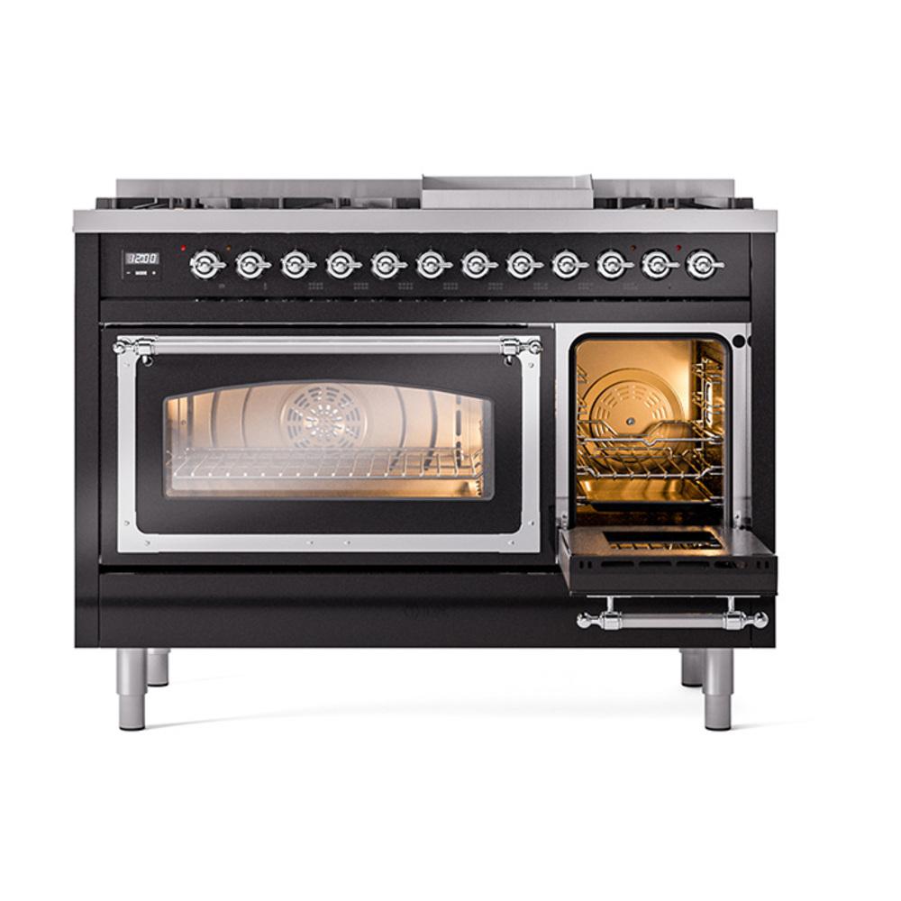 Ilve UN48FNMPBKCLP Ilve Un48Fnmpbkclp Nostalgie Ii Noblesse 48" Dual Fuel Range (8 Sealed Burners + Griddle, Liquid Propane, Triple Glass Door, Glossy Black, Chrome)