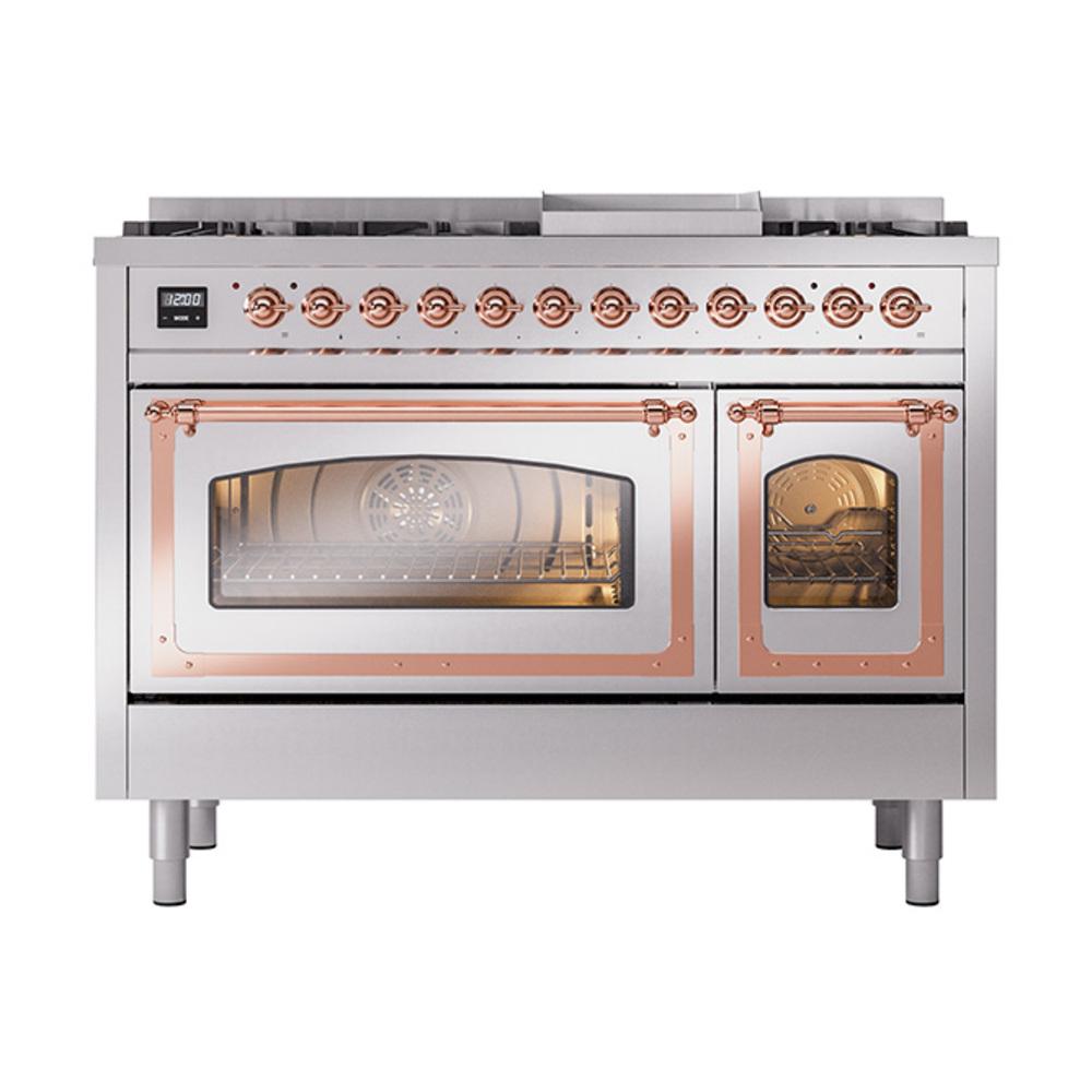 Ilve UN48FNMPSSPLP Ilve Un48Fnmpssplp Nostalgie Ii Noblesse 48" Dual Fuel Range (8 Sealed Burners + Griddle, Liquid Propane, Triple Glass Door, Stainless Steel, Copper)