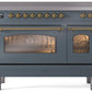 Ilve UPI486NMPBGG Nostalgie Ii 48 Inch Electric Freestanding Range In Blue Grey With Brass Trim