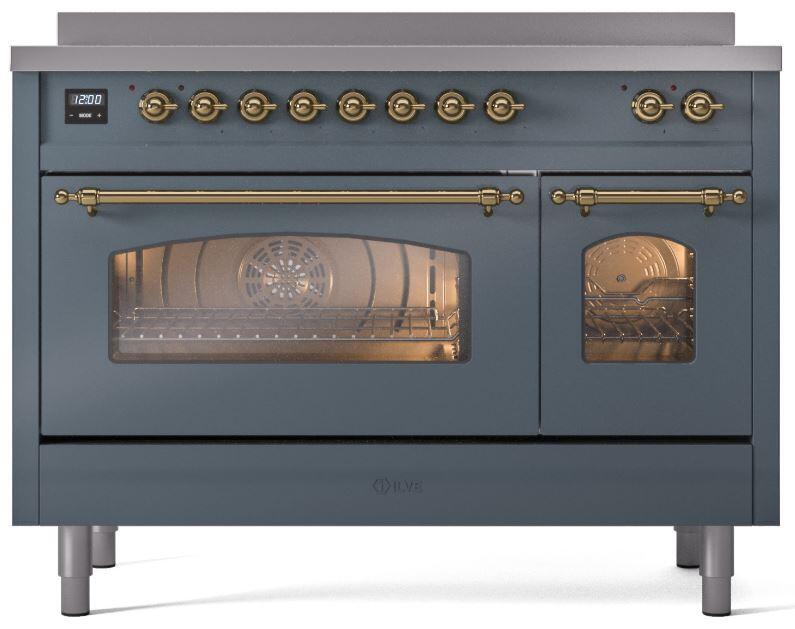 Ilve UPI486NMPBGG Nostalgie Ii 48 Inch Electric Freestanding Range In Blue Grey With Brass Trim