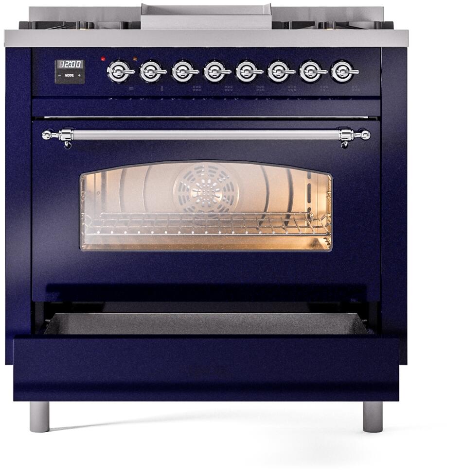 Ilve UP36FNMPMBCLP Nostalgie Ii 36 Inch Dual Fuel Liquid Propane Freestanding Range In Blue With Chrome Trim