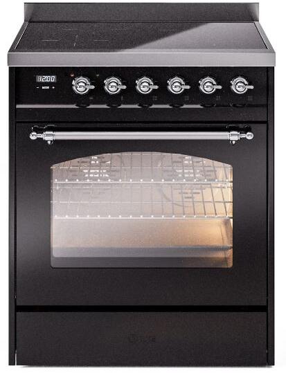 Ilve UPI304NMPBKC Nostalgie Ii 30 Inch Electric Freestanding Range In Glossy Black With Chrome Trim