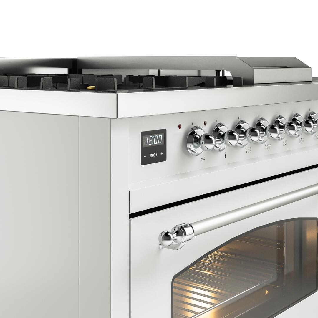 Ilve UP48FSNMPWHC Nostalgie Ii 48 Inch Dual Fuel Natural Gas Freestanding Range In White With Chrome Trim