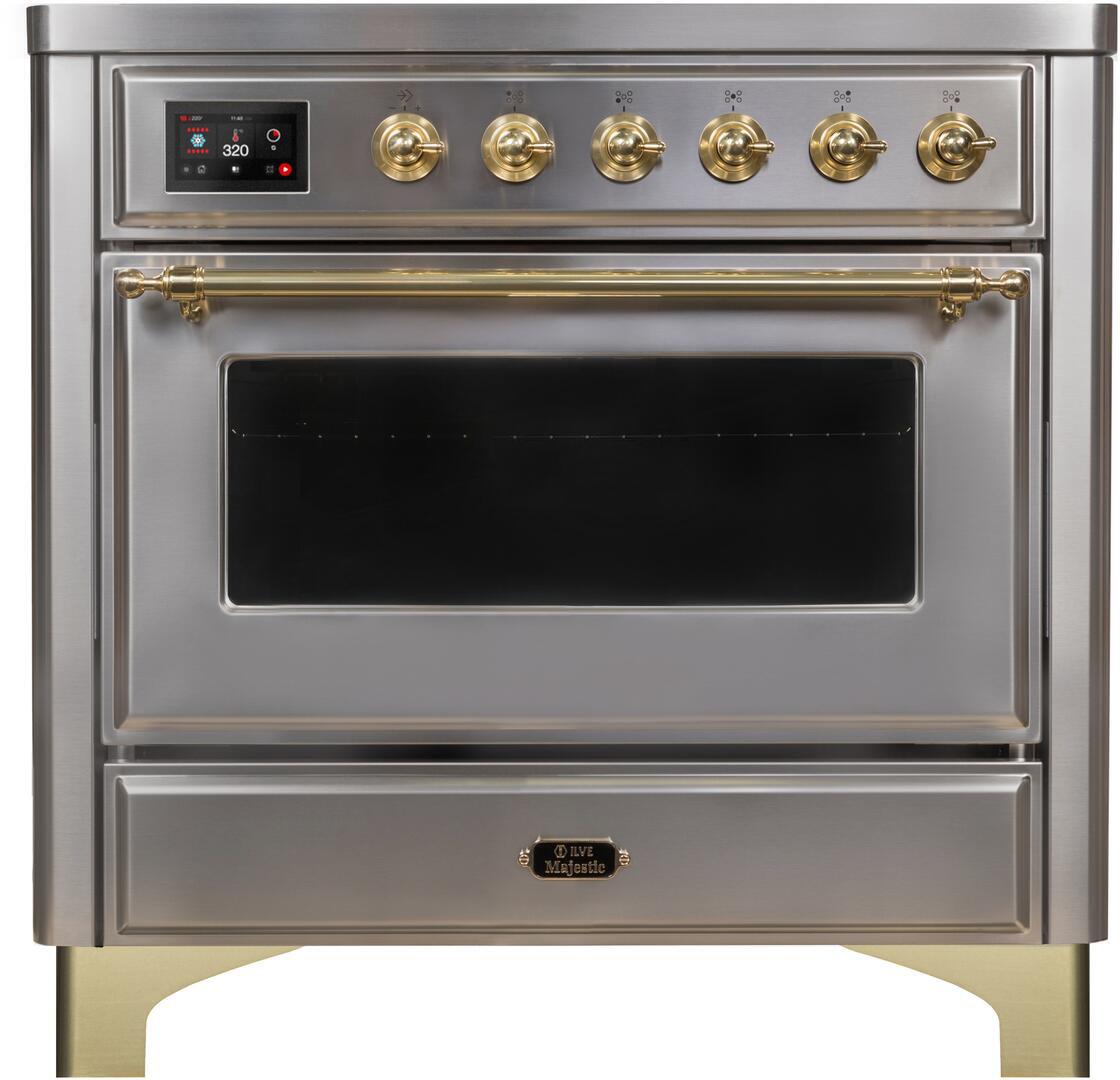 Ilve UMI09NS3SSG Majestic Ii 36 Inch Electric Freestanding Range In Stainless Steel With Brass Trim